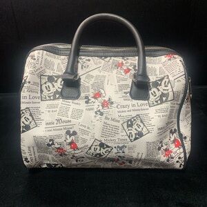 Newspaper Print Dome Satchel with Red Accent Details - Black/White